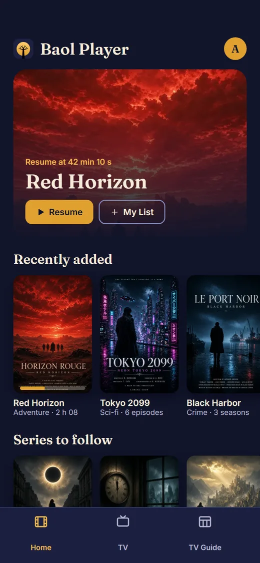 Mock-up of the Baol Player home screen : Phone